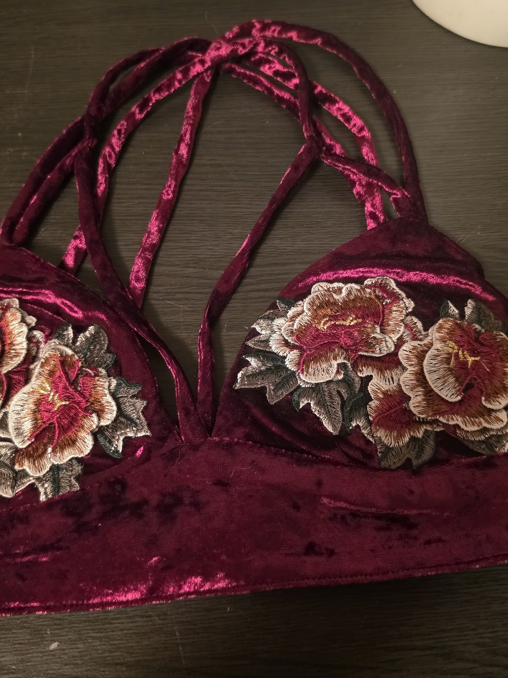 Forever 21 Burgundy Velvet Floral Bralette with Strappy Back